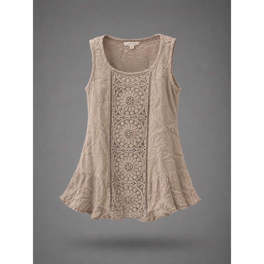 Onetheland tan Crinkle Rayon Crochet Lace Panel Tank‎ Top Small 16M405